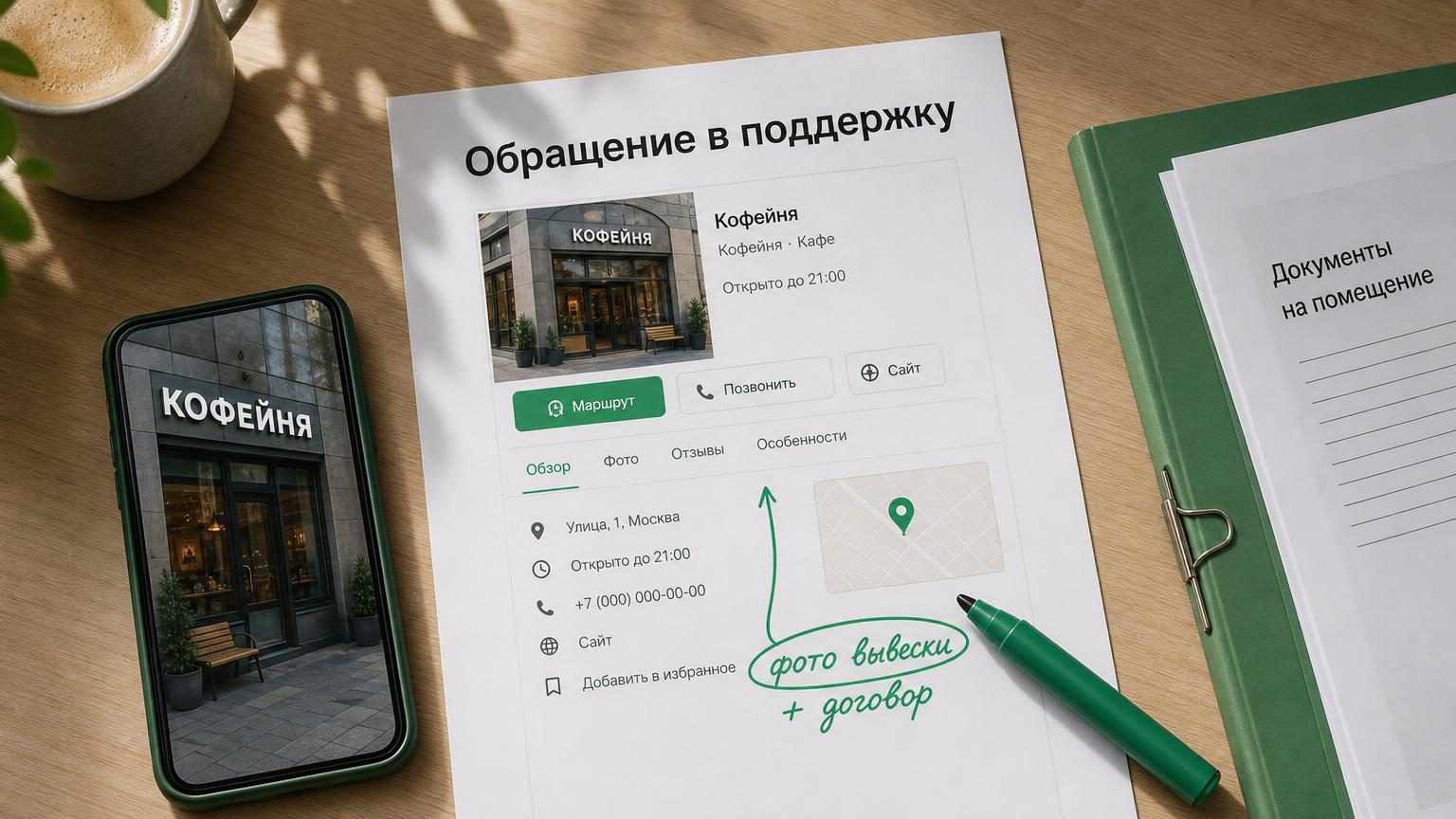 Рабочий стол владельца кофейни: распечатка карточки организации с пометками маркером, рядом телефон с фотографией вывески, папка с документами на помещение. Крупность — сверху, …