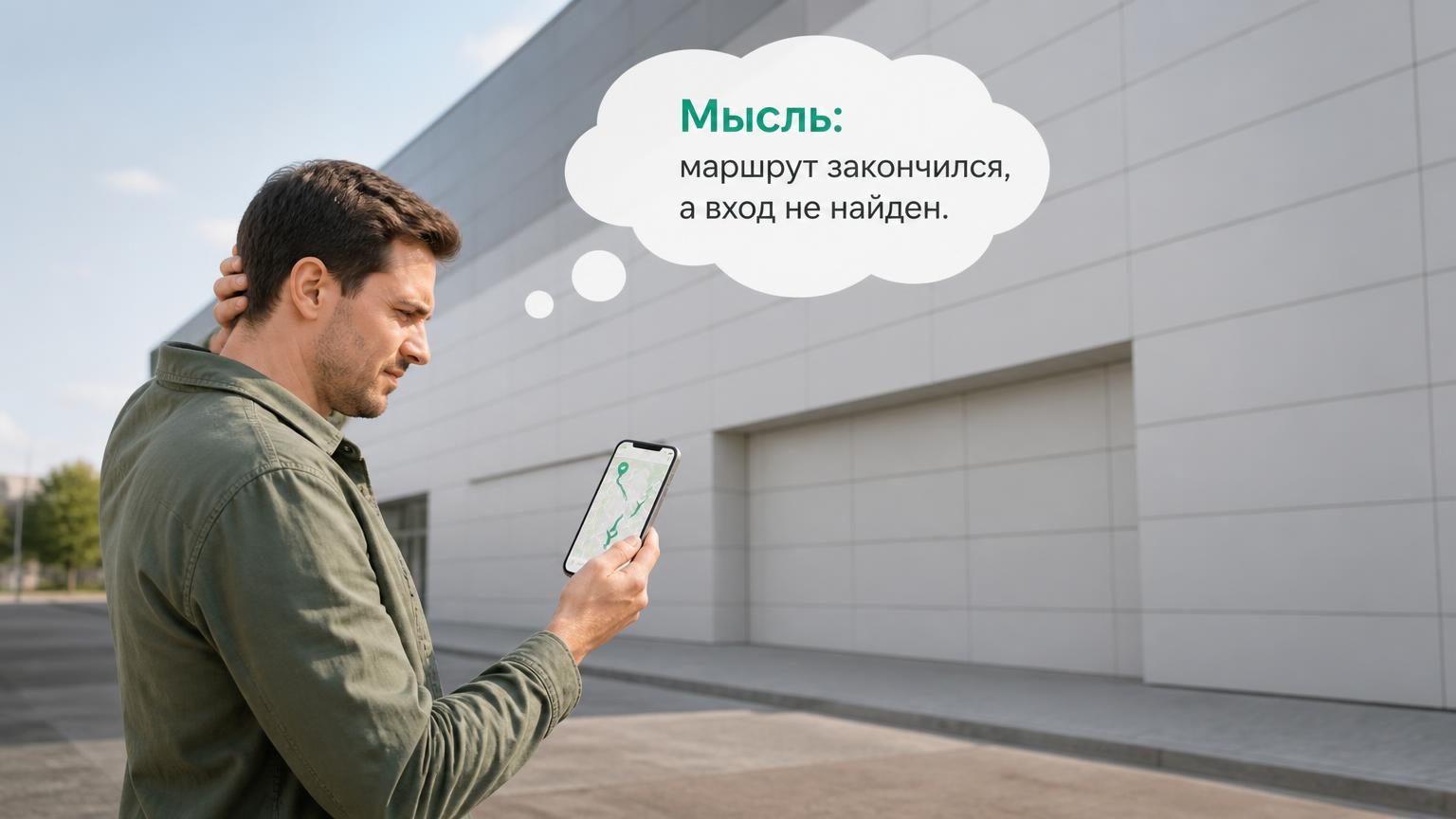 Человек с телефоном в руке стоит у глухого фасада торгового центра, смотрит на экран с открытой картой, вокруг нет вывесок. Средний план, дневной свет, лёгкое раздражение на лице.