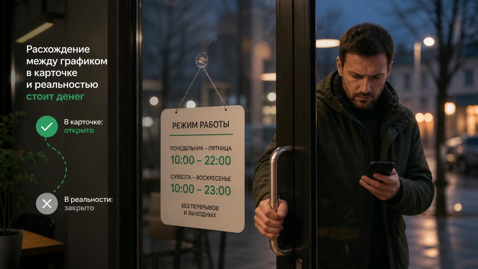Стеклянная дверь заведения изнутри, на ней табличка с часами работы, за стеклом — человек, который дёргает ручку и смотрит в телефон. Крупность средняя, вечерний свет.
