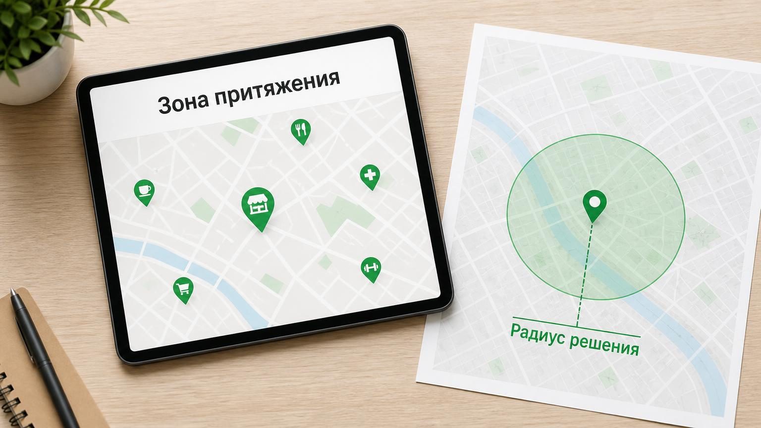 Стол, на нём планшет с картой района и несколькими метками организаций, рядом бумажная карта с обведённым маркером радиусом вокруг точки. Крупность — сверху, по-деловому, без лю…