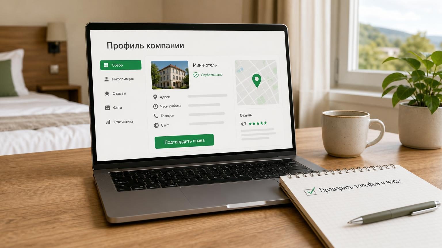 Ноутбук на рабочем столе владельца небольшого отеля, на экране — панель управления карточкой организации, рядом бумажный блокнот со списком задач. Спокойный дневной свет, никако…
