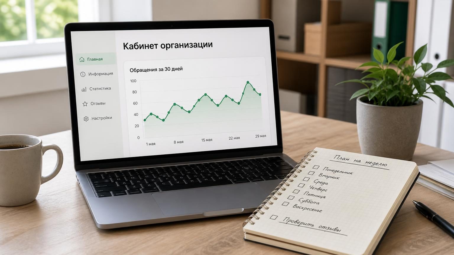Ноутбук на столе владельца небольшого сервиса, на экране кабинет организации с графиком обращений, рядом блокнот с рукописным планом на неделю. Настроение рабочее, без глянца. Н…