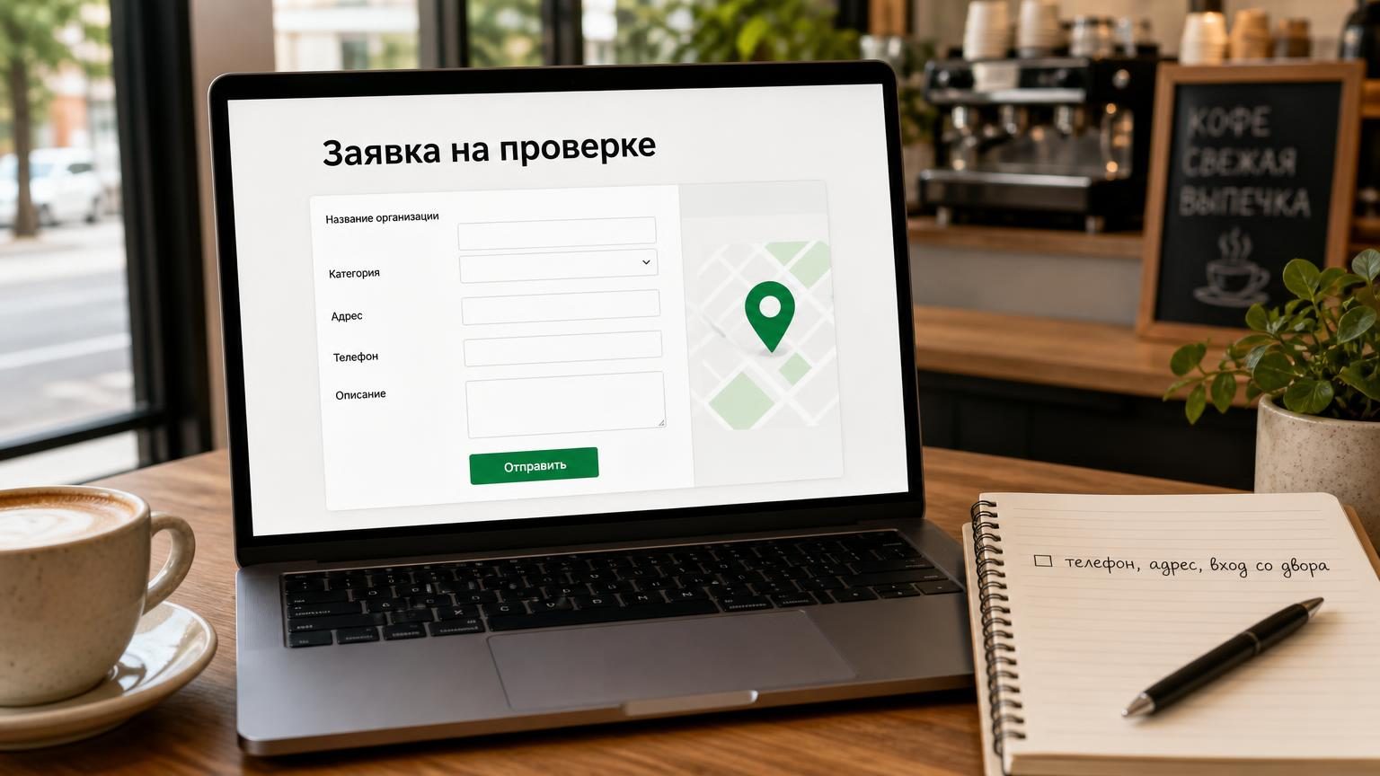 Ноутбук на рабочем столе владельца небольшой кофейни, на экране форма добавления организации с полями и кнопкой отправки, рядом бумажный блокнот со списком. Надписи: заголовок н…