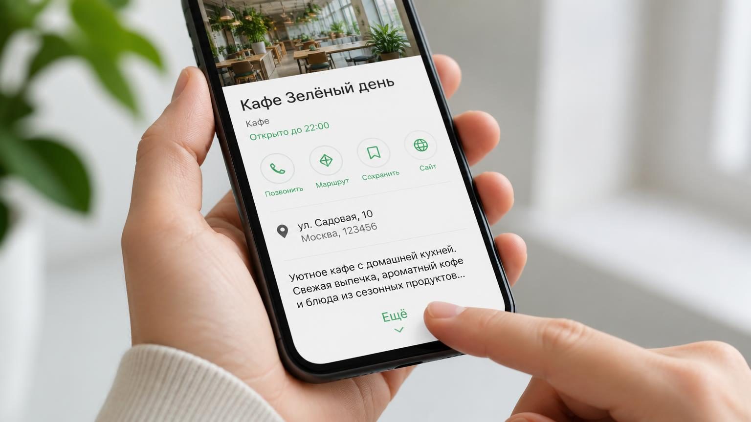 Экран смартфона с открытой карточкой организации, палец в момент нажатия «Ещё» под обрезанным описанием. Крупность — руки и экран.