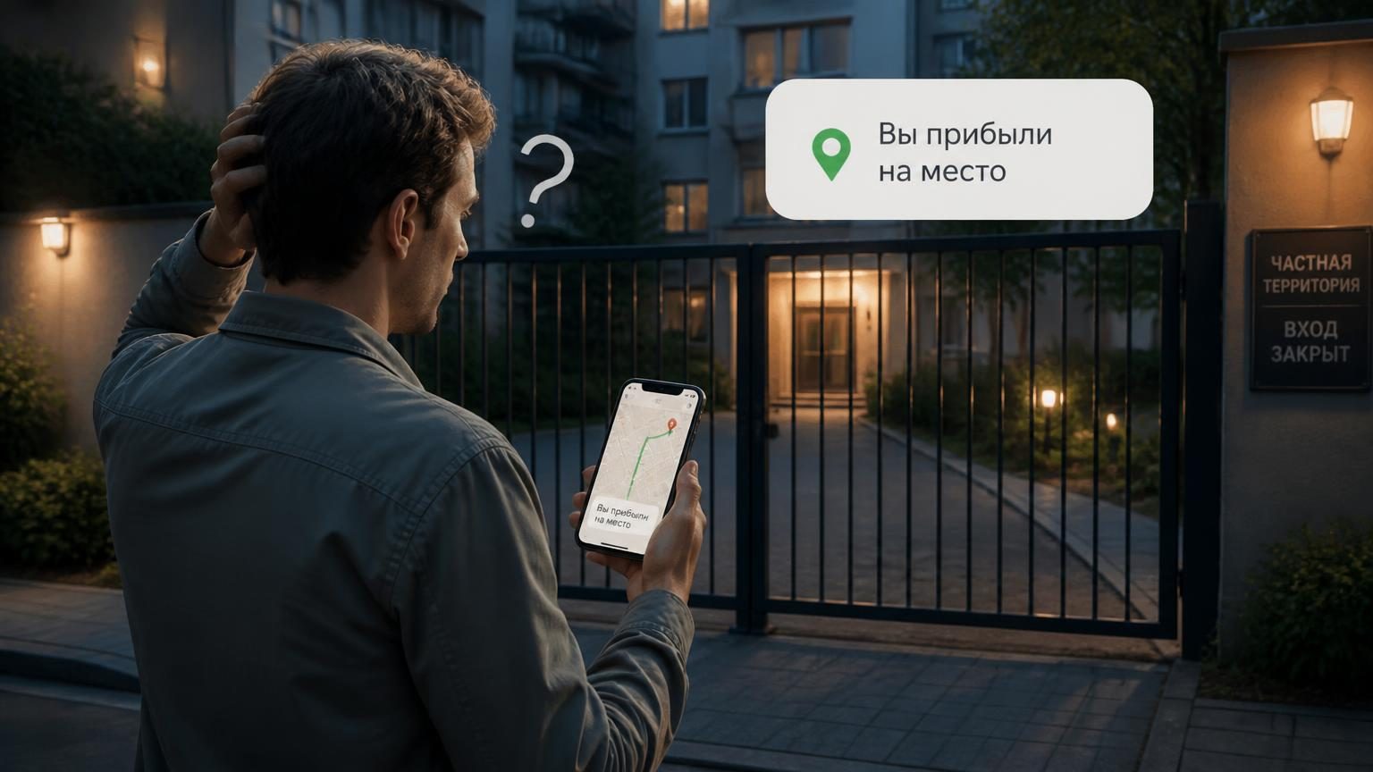 Человек со смартфоном стоит перед закрытым двором жилого дома, на экране открыт маршрут, взгляд растерянный. Средний план, вечернее освещение. Иллюстрирует момент, когда клиент …