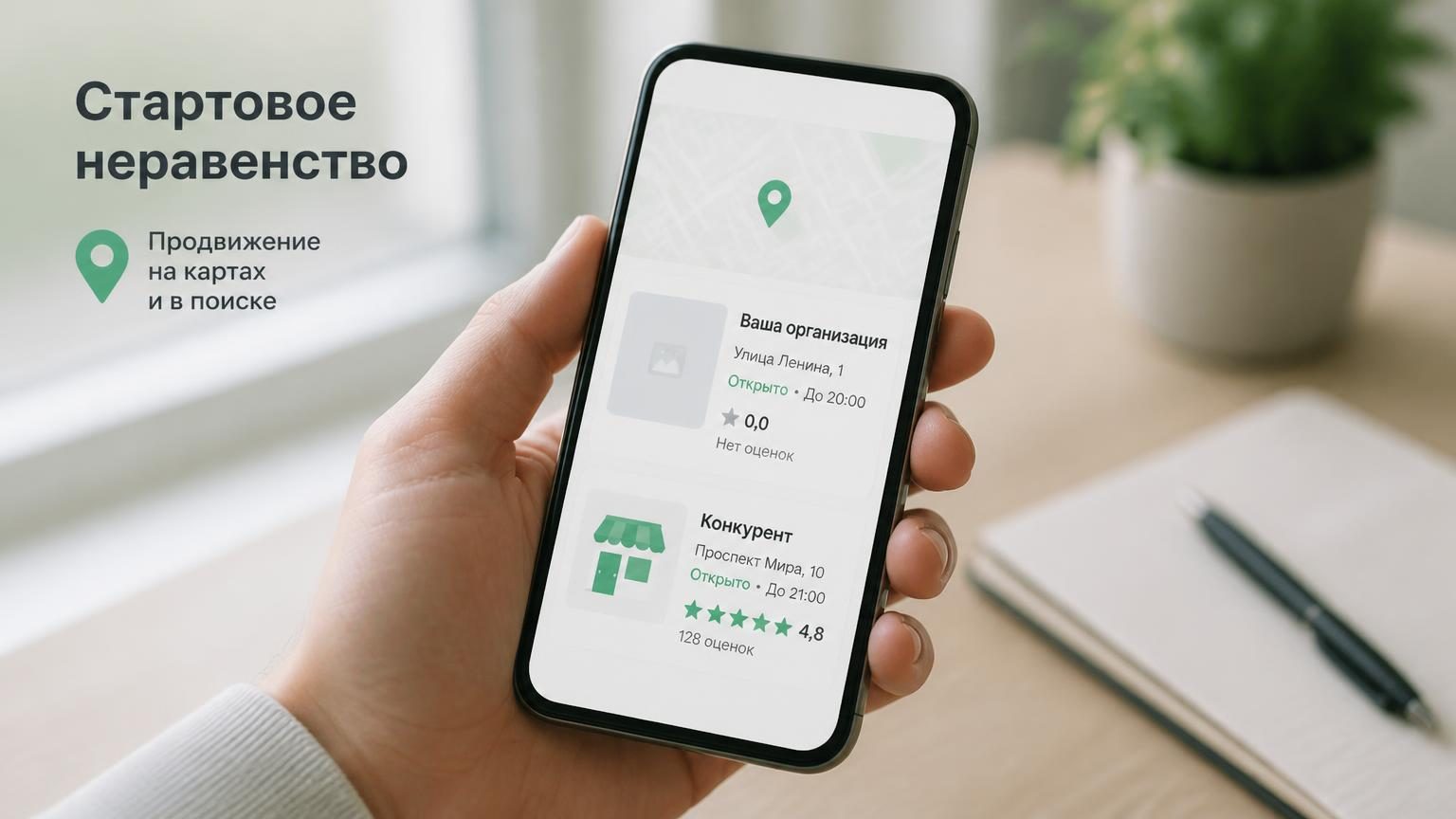 Обложка: смартфон в руке, на экране карточка организации без фото и с нулевым рейтингом, рядом на экране конкурент с оценками. Крупность — средняя, свет дневной, настроение рабо…