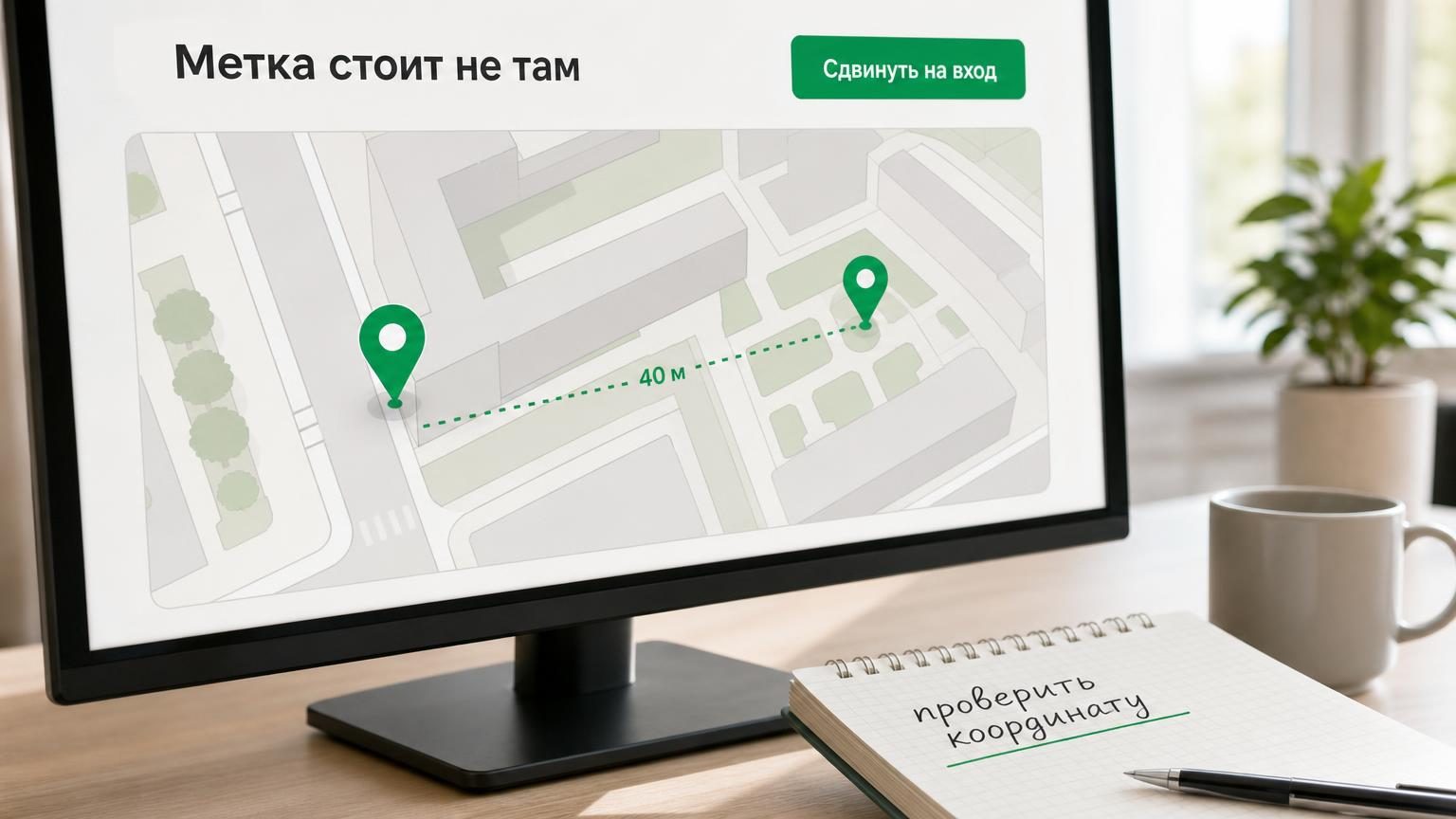 Монитор с открытой картой квартала крупным планом: один пин стоит на углу здания, второй — в сорока метрах, во дворе. Рядом лежит блокнот с от руки записанным адресом. Надписи: …