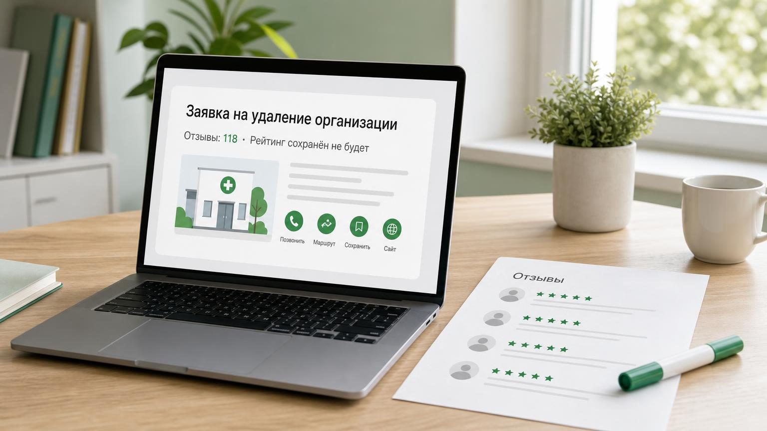 Рабочий стол владельца небольшой клиники: ноутбук с открытой карточкой организации, рядом распечатка со списком отзывов и маркер. На экране заголовок «Заявка на удаление организ…