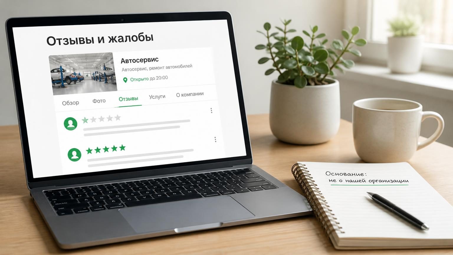 Рабочий стол владельца небольшого сервиса: ноутбук с открытой карточкой организации, рядом блокнот со столбиком пометок. Надписи: заголовок на экране «Отзывы и жалобы», строка в…