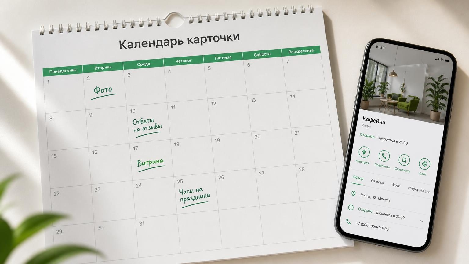 Настенный планер на месяц крупным планом, рядом смартфон с открытой карточкой организации. В клетках планера от руки подписаны задачи. Надписи: заголовок планера «Календарь карт…