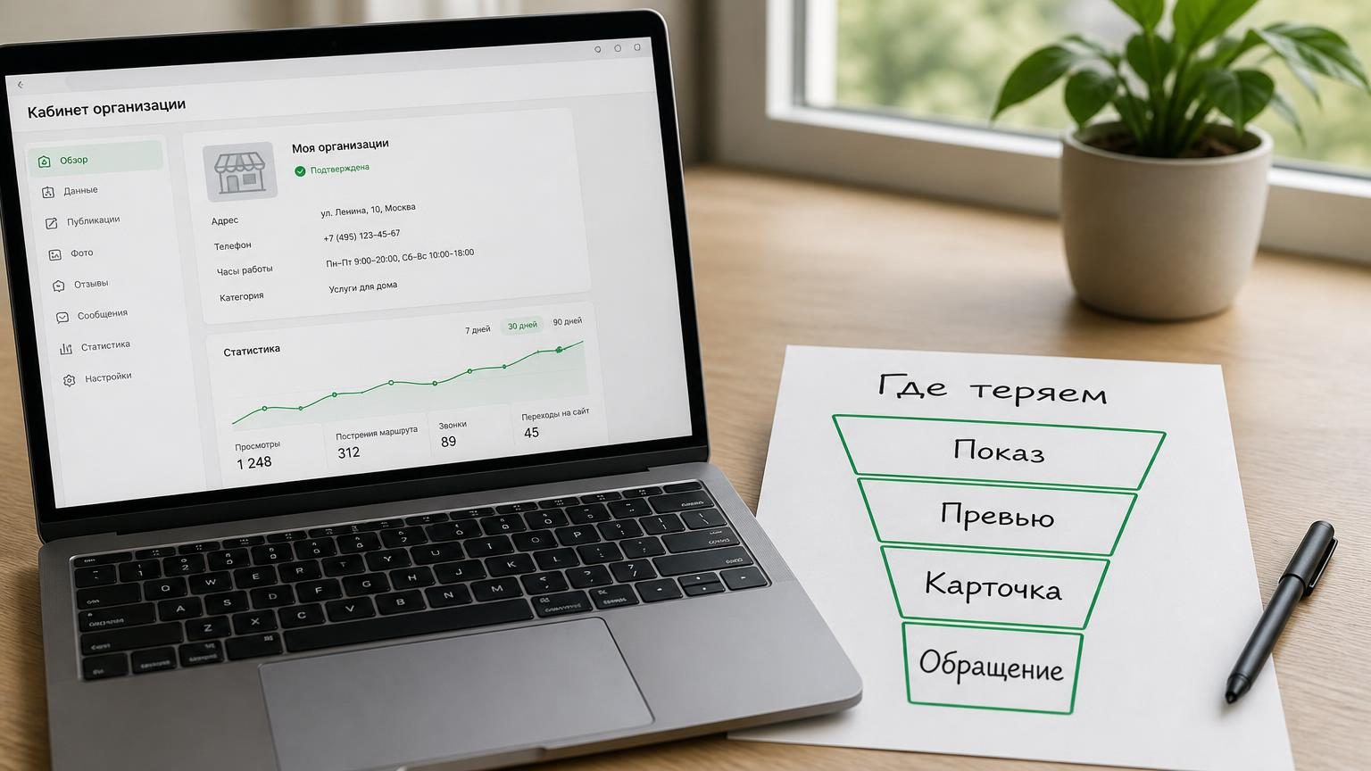 Рабочий стол: ноутбук с открытым кабинетом организации, рядом лист А4, на котором от руки нарисована воронка из четырёх блоков. Надписи на листе: «Показ», «Превью», «Карточка», …