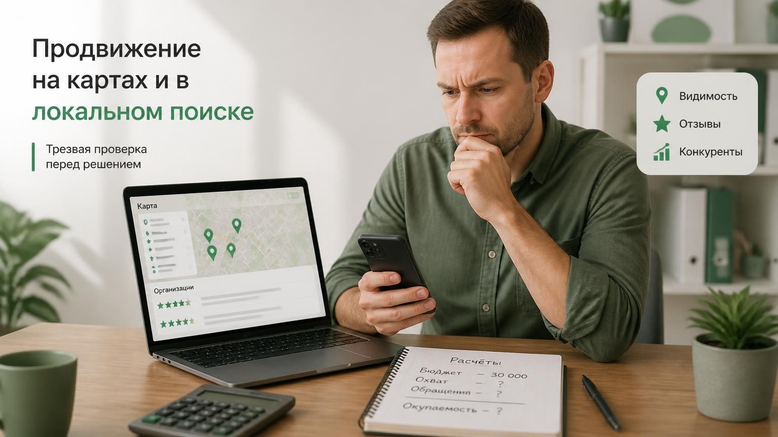 Человек за столом смотрит на экран телефона или ноутбука с открытыми картами, выражение лица — скорее скептическое, чем восторженное. Рядом на столе калькулятор или блокнот с ра…