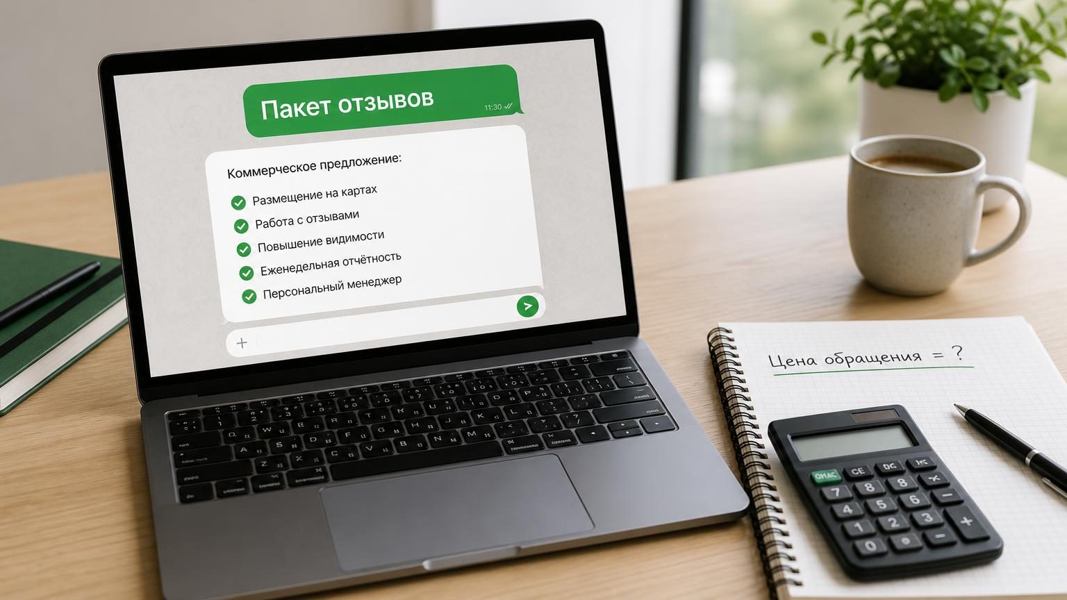 Стол владельца: ноутбук с открытым чатом, где видно коммерческое предложение, рядом блокнот с расчётом на калькуляторе. Крупность — средняя, настроение делового счёта. Надписи: …