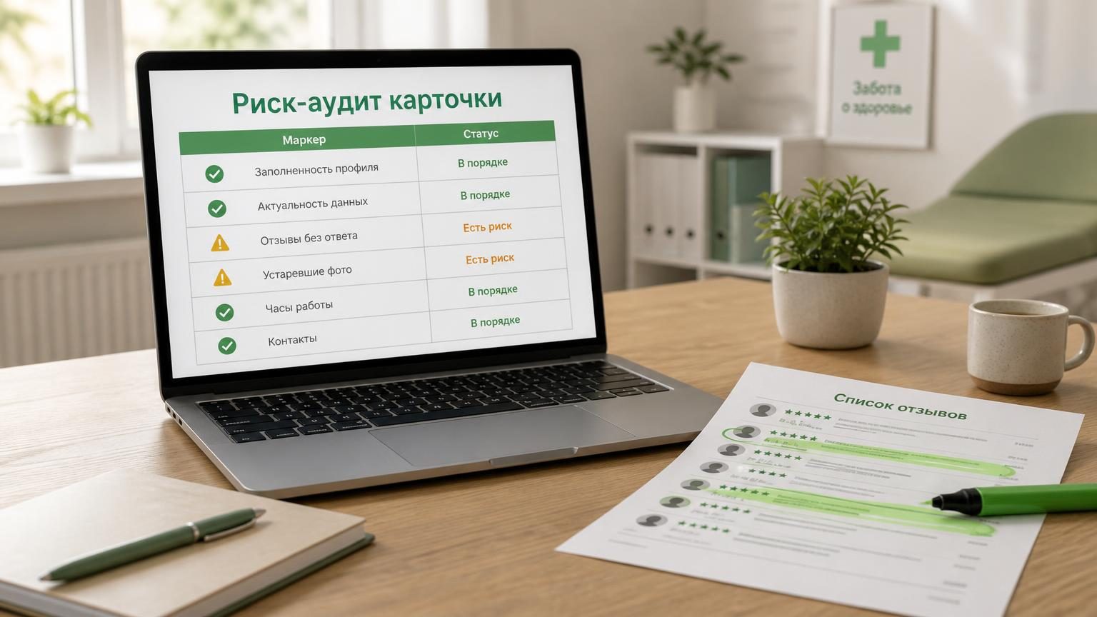 Рабочий стол владельца небольшой клиники: ноутбук с таблицей проверки карточки, рядом распечатка со списком отзывов и маркером выделены строки. Настроение спокойной ревизии, не …