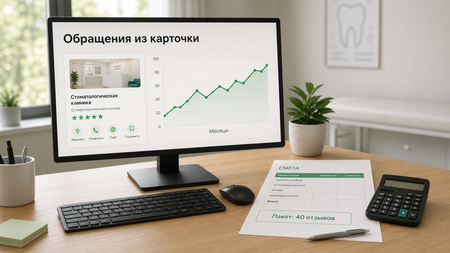 Рабочий стол владельца небольшой клиники: монитор с карточкой организации и графиком обращений, рядом распечатка сметы с калькулятором. Надписи: заголовок на экране «Обращения и…