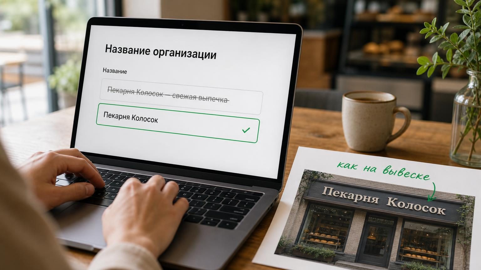 Крупный кадр: ноутбук на столе владельца кафе, на экране форма редактирования карточки, в поле названия зачёркнут длинный вариант и оставлен короткий. Рядом лежит распечатка фот…