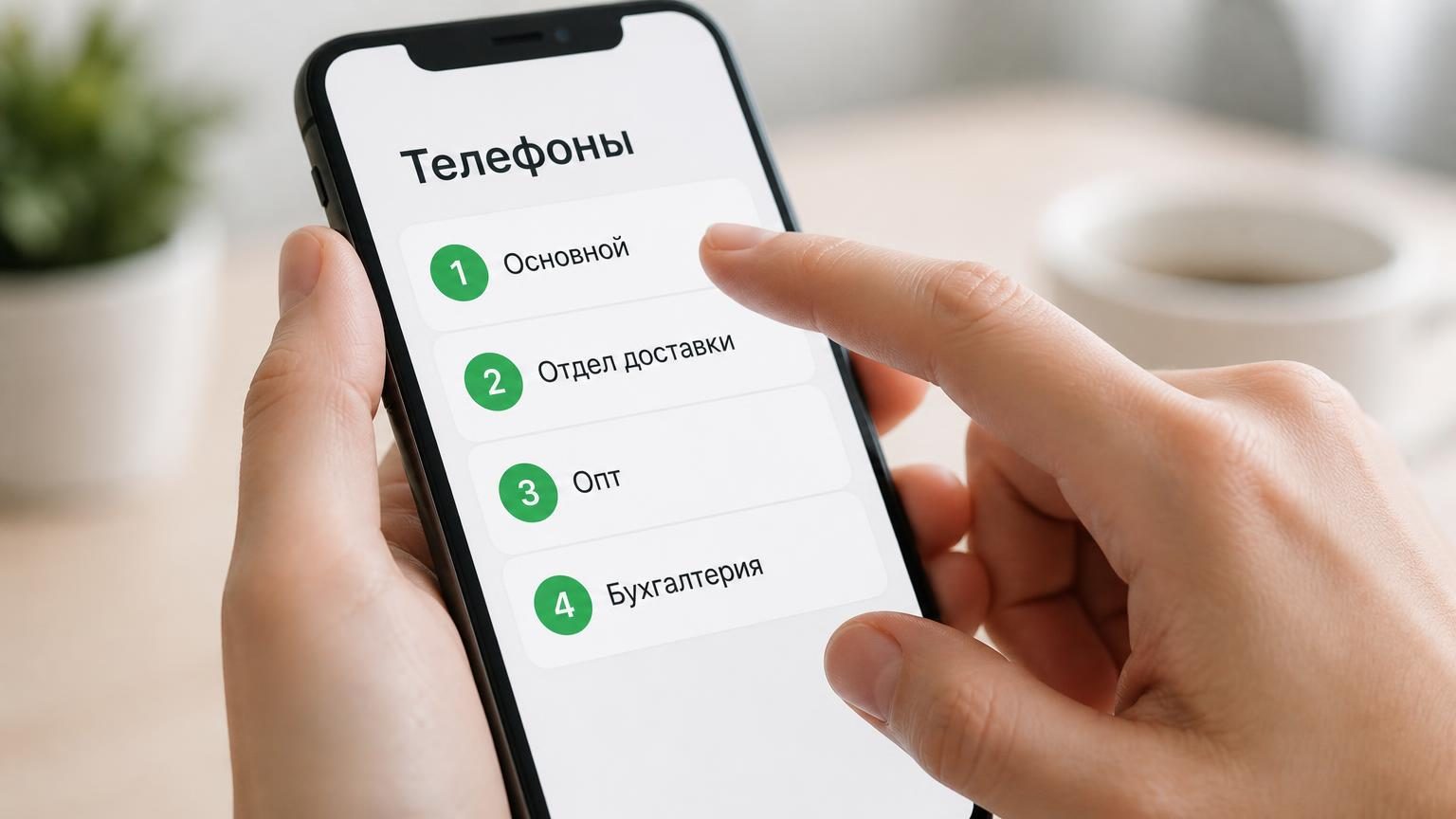 Крупный кадр: смартфон в руке, на экране карточка организации со списком из четырёх номеров без подписей, палец занесён над первым. Настроение — растерянность выбора. Надписи на…