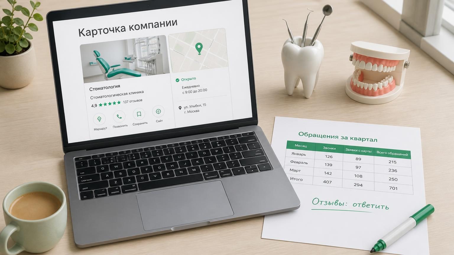 Рабочий стол владельца небольшой стоматологии: ноутбук с открытой карточкой компании, рядом распечатка с таблицей и маркером. Крупность — средняя, сверху. Надписи: заголовок на …