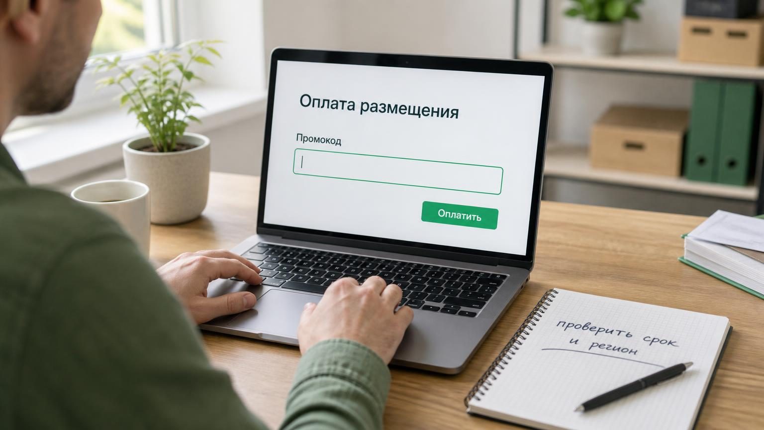 Рабочий стол небольшого бизнеса: ноутбук с открытой страницей оплаты рекламного кабинета, курсор в пустом поле ввода, рядом блокнот со выписанным от руки кодом. Крупность — пояс…
