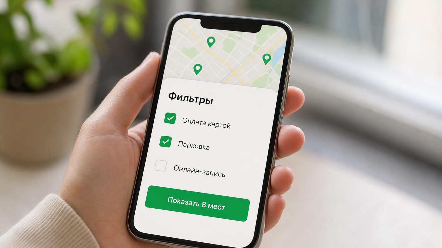 Смартфон в руке крупным планом, на экране открыта панель фильтров поиска по картам, часть галочек отмечена. Надписи на экране: заголовок «Фильтры», пункты «Оплата картой», «Парк…