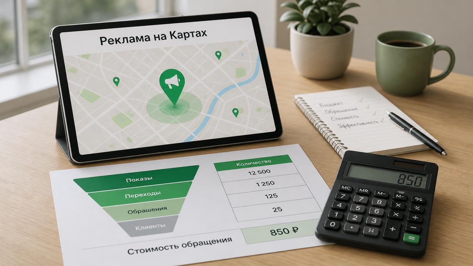 Рабочий стол владельца небольшой сети: планшет с картой города и выделенной рекламной меткой, рядом распечатка воронки и калькулятор. Настроение — счёт, а не вдохновение. Надпис…
