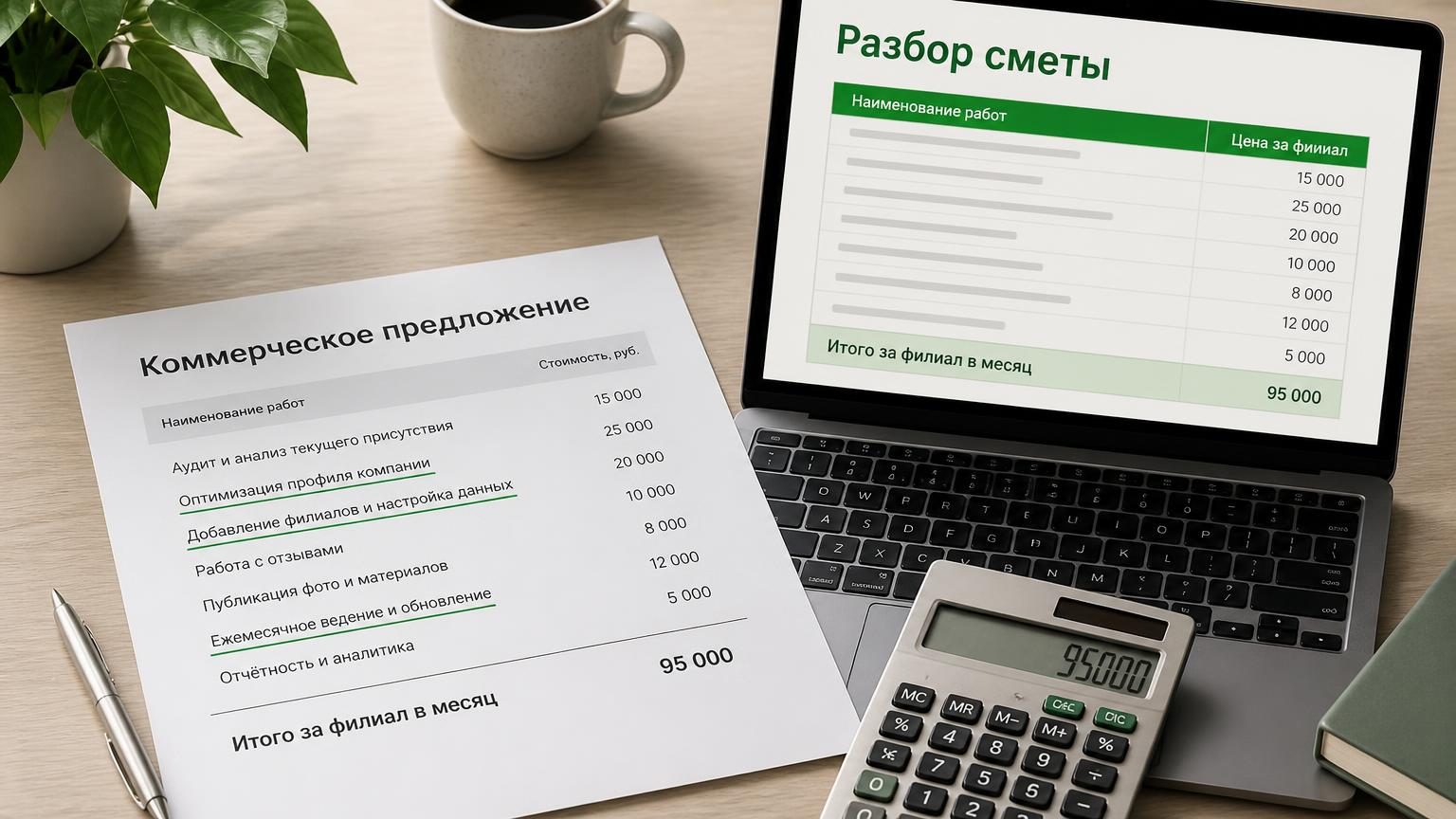 Рабочий стол владельца небольшого бизнеса: распечатанное коммерческое предложение с подчёркнутыми строками, калькулятор, рядом ноутбук с таблицей расчёта. Крупность — сверху, по…