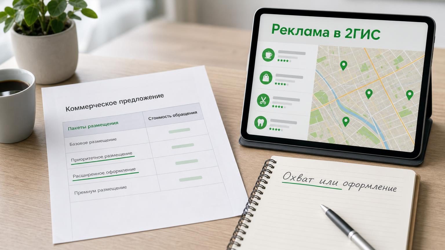 Рабочий стол владельца небольшой сети: распечатанное коммерческое предложение с подчёркнутыми строками, рядом планшет с открытой картой города и списком организаций. Настроение …