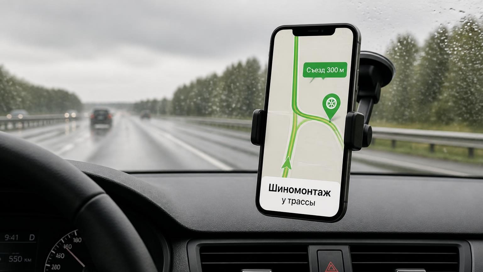 Смартфон в держателе на лобовом стекле, на экране карта маршрута с рекламной меткой у съезда, за стеклом трасса в лёгком дожде. Крупность — приборная панель и телефон. Надписи: …