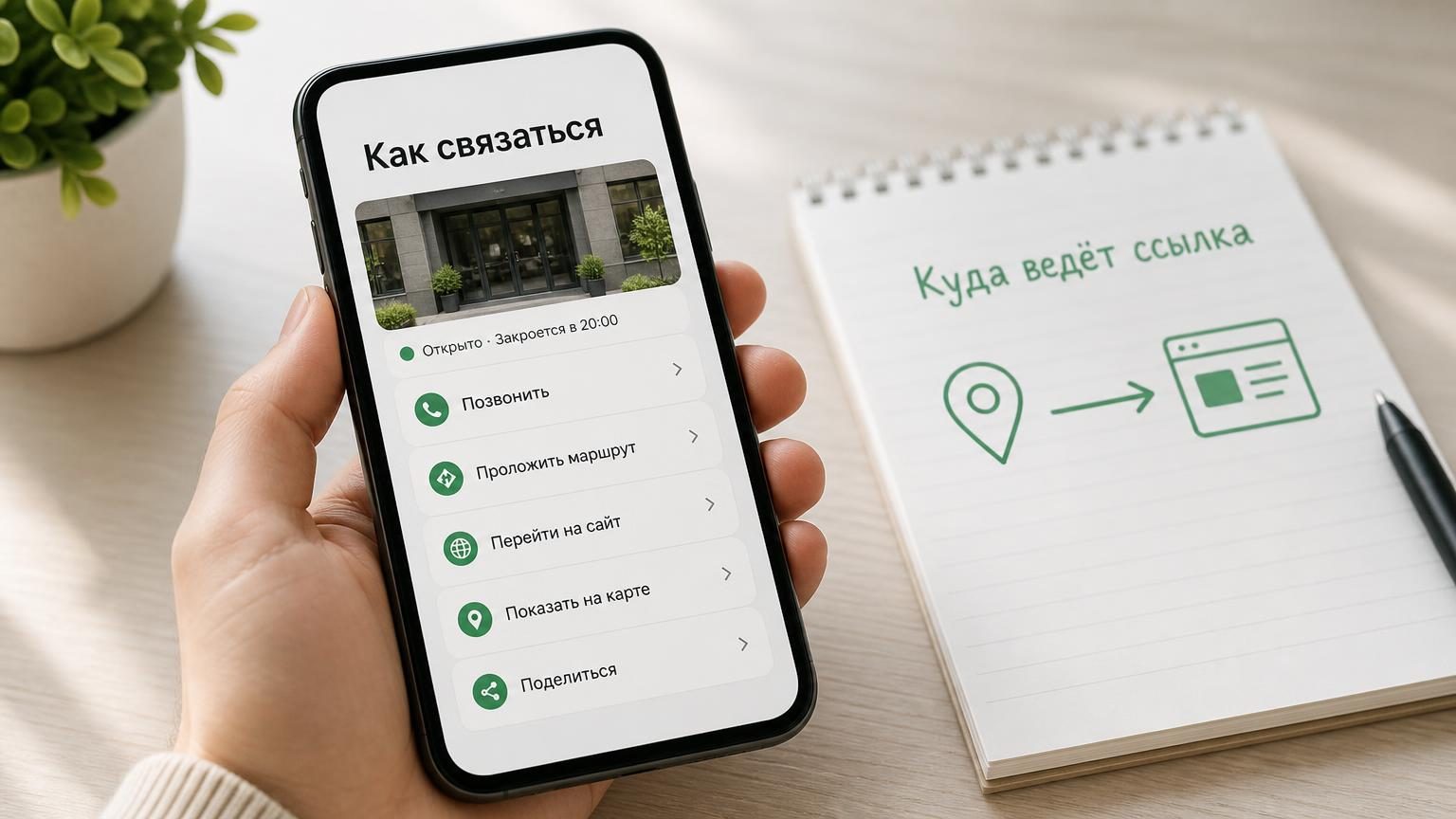 Крупный кадр: смартфон в руке лежит на светлом столе, на экране карточка компании с блоком ссылок, рядом бумажный блокнот со схемой из двух стрелок. Надписи: на экране заголовок…