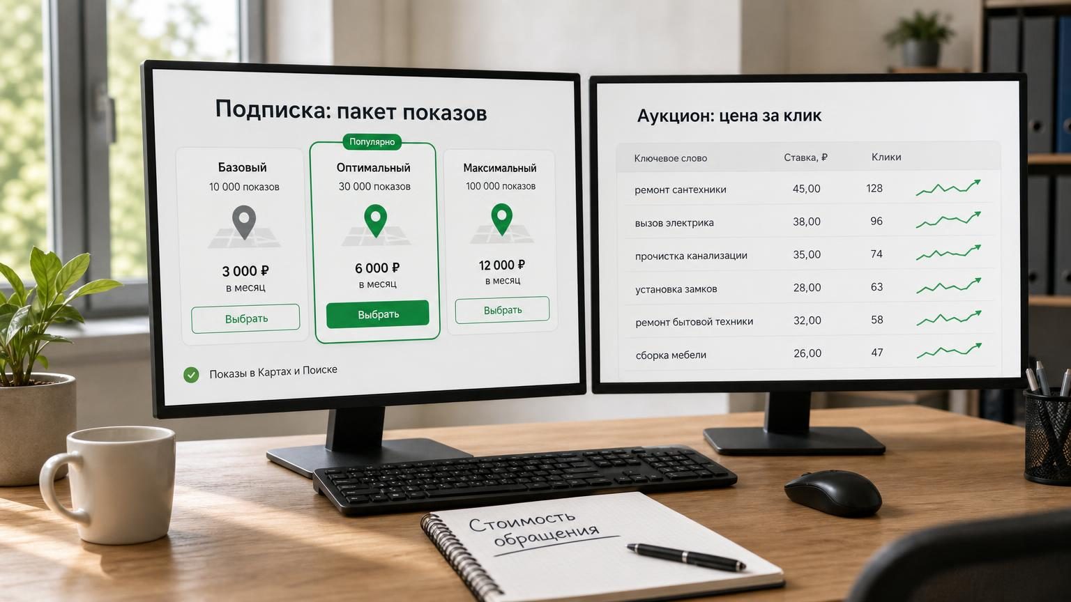 Рабочий стол владельца небольшой сервисной компании: два монитора рядом. На левом — интерфейс подписки с крупной строкой, на правом — таблица ставок и кликов. Настроение спокойн…