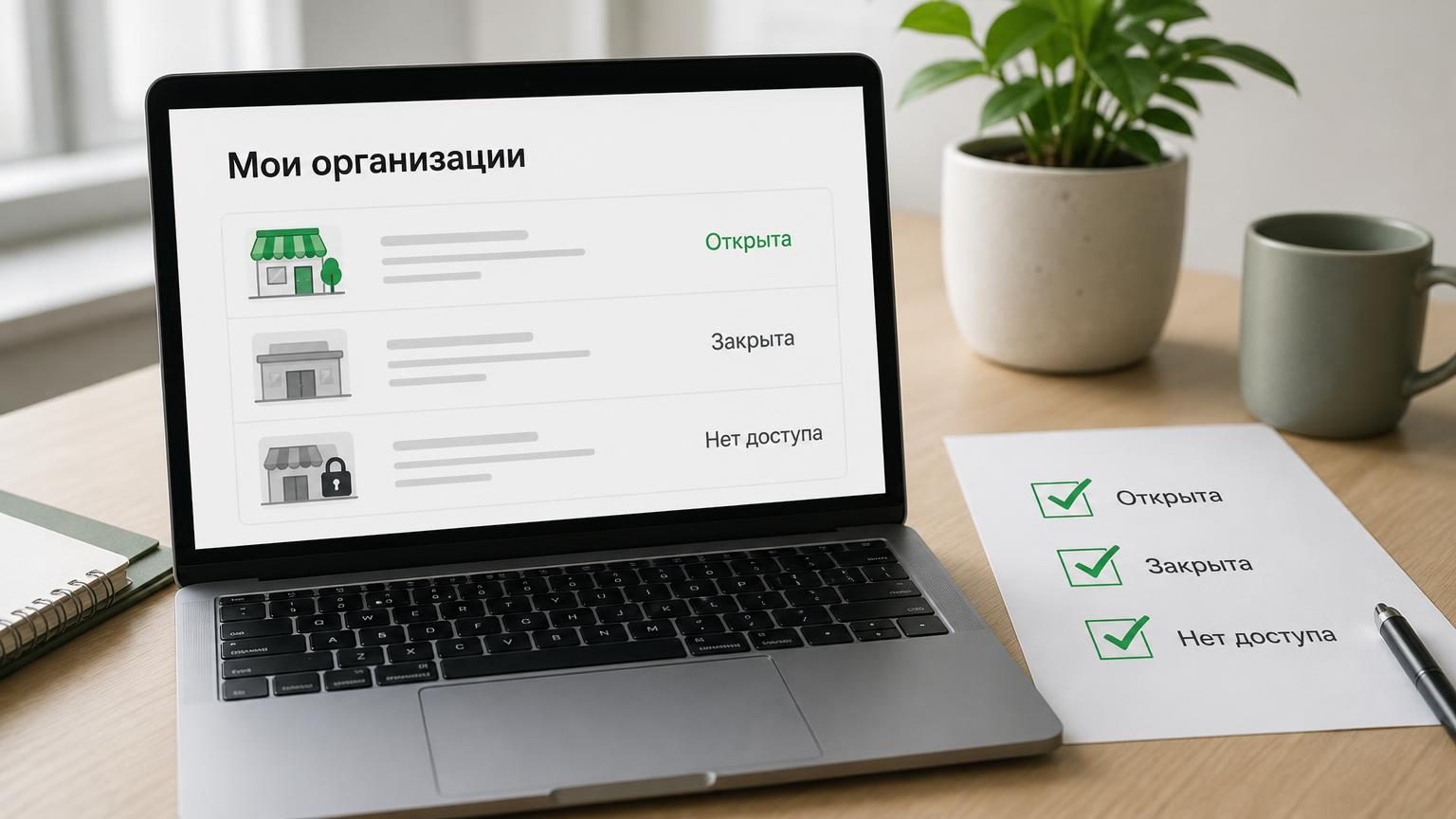 Ноутбук на столе, на экране список карточек организации, рядом распечатка с галочками. Крупность — средняя, настроение рабочее, без глянца. Надписи: заголовок на экране «Мои орг…