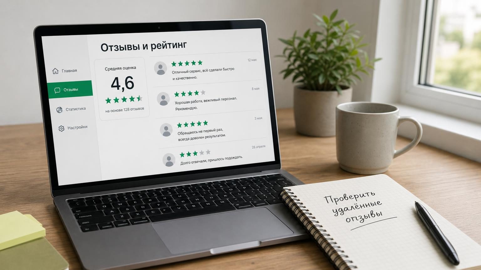 Рабочий стол владельца небольшого сервиса: ноутбук с открытым кабинетом организации, рядом блокнот с пометками от руки. На экране — список отзывов и оценок. Настроение собранное…