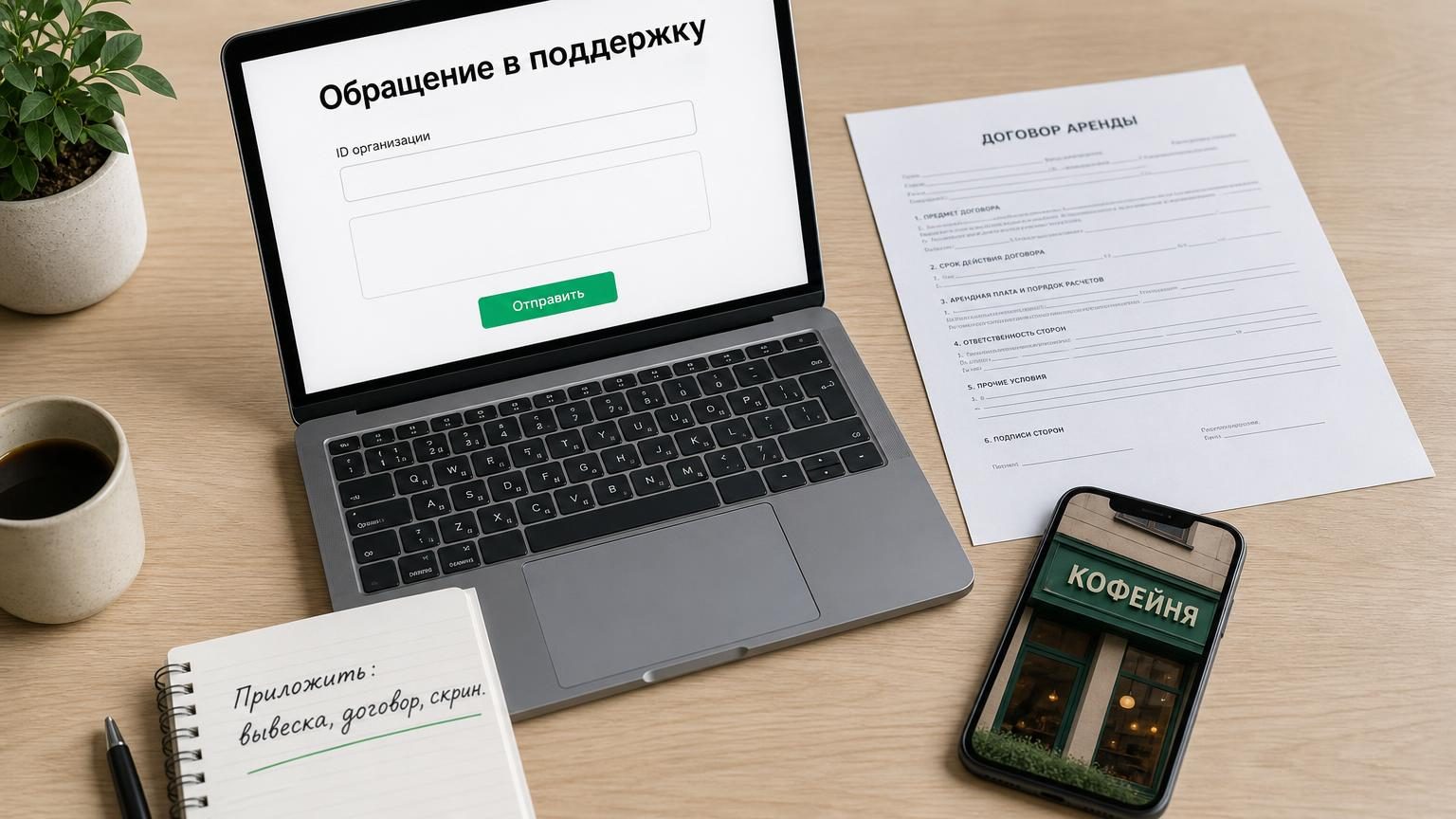 Рабочий стол владельца небольшого бизнеса: ноутбук с открытой формой обращения, рядом распечатка договора аренды и телефон с фото вывески. Крупность — средняя, сверху. Настроени…