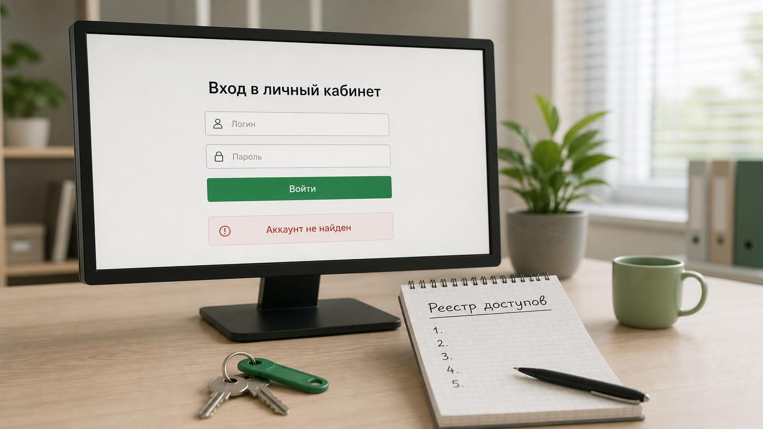 Рабочий стол небольшой компании: монитор с открытой формой авторизации, рядом бумажный блокнот и связка ключей. Настроение — спокойное разбирательство, не паника. Надписи: на эк…