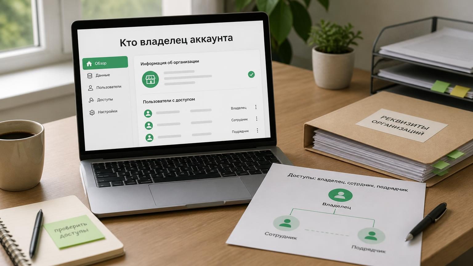 Рабочий стол владельца небольшой сети: ноутбук с кабинетом организации, рядом распечатка со схемой доступов и папка с реквизитами. Настроение — разбор завалов, а не вдохновение.…