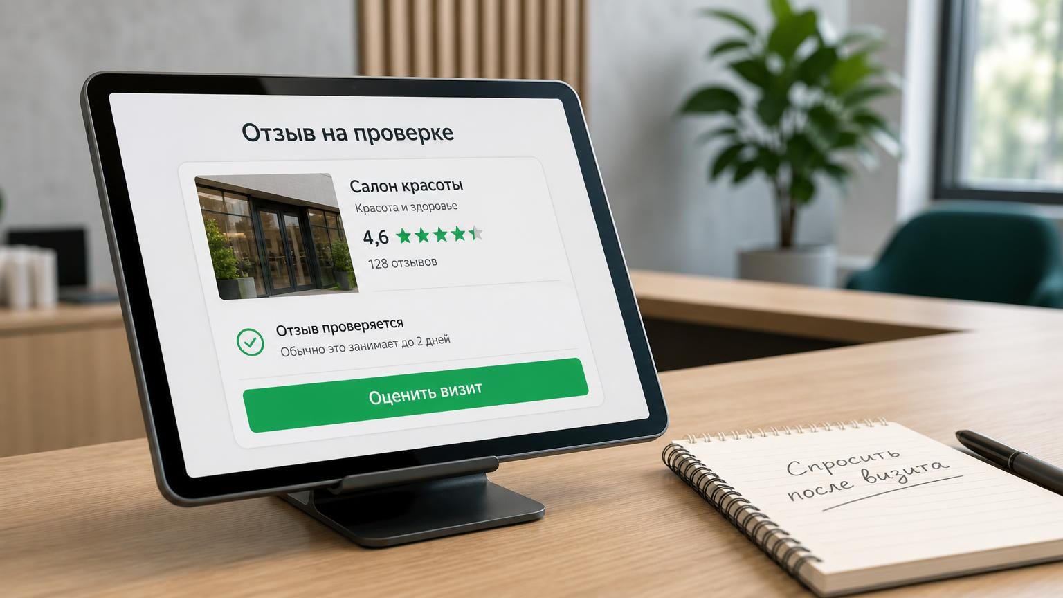 Стойка администратора, планшет на подставке крупным планом, на экране — карточка организации с оценками и уведомление о проверке. Рядом блокнот с рукописной строкой. Настроение …