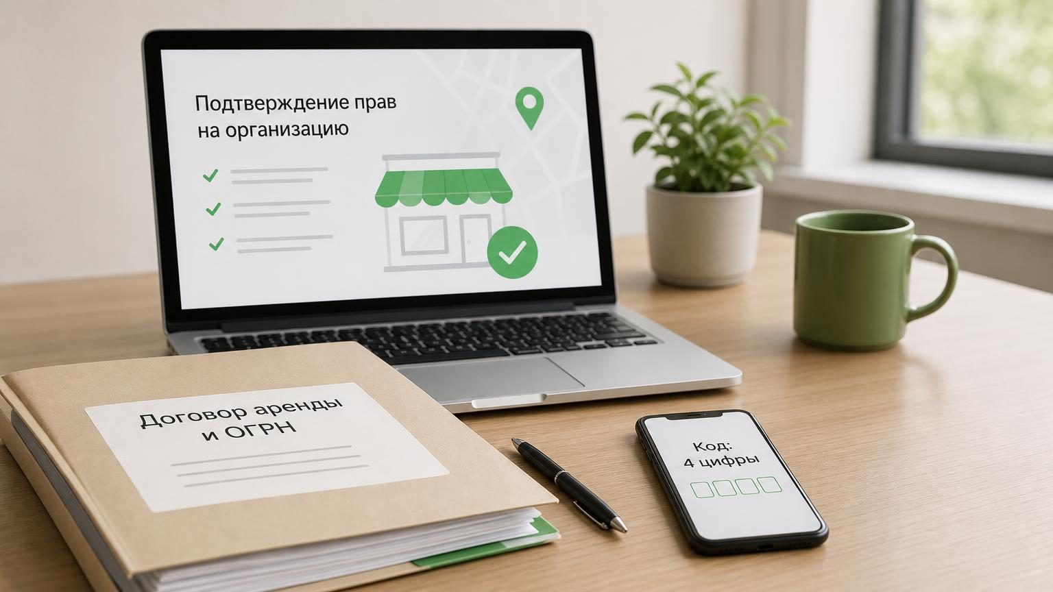Рабочий стол владельца небольшой сети: ноутбук с открытым кабинетом, рядом папка с документами и мобильный телефон с кодом подтверждения. Настроение — разбор бумаг, а не маркети…