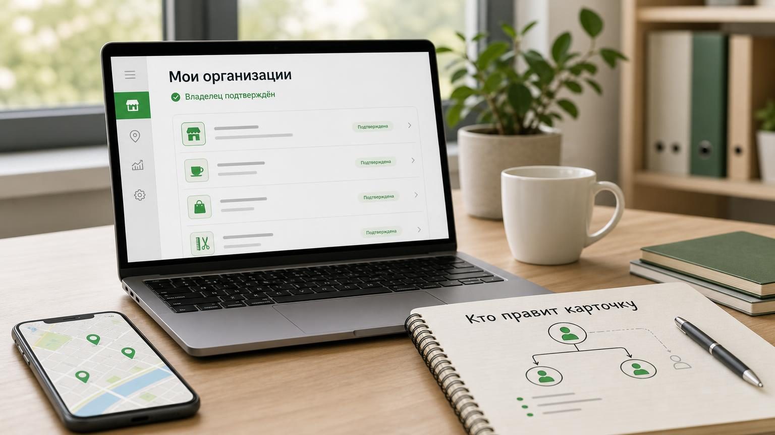 Рабочий стол владельца небольшой сети: ноутбук с открытым кабинетом организаций, рядом телефон с картой и блокнот со схемой доступов. Настроение спокойной разборки бумаг, а не а…