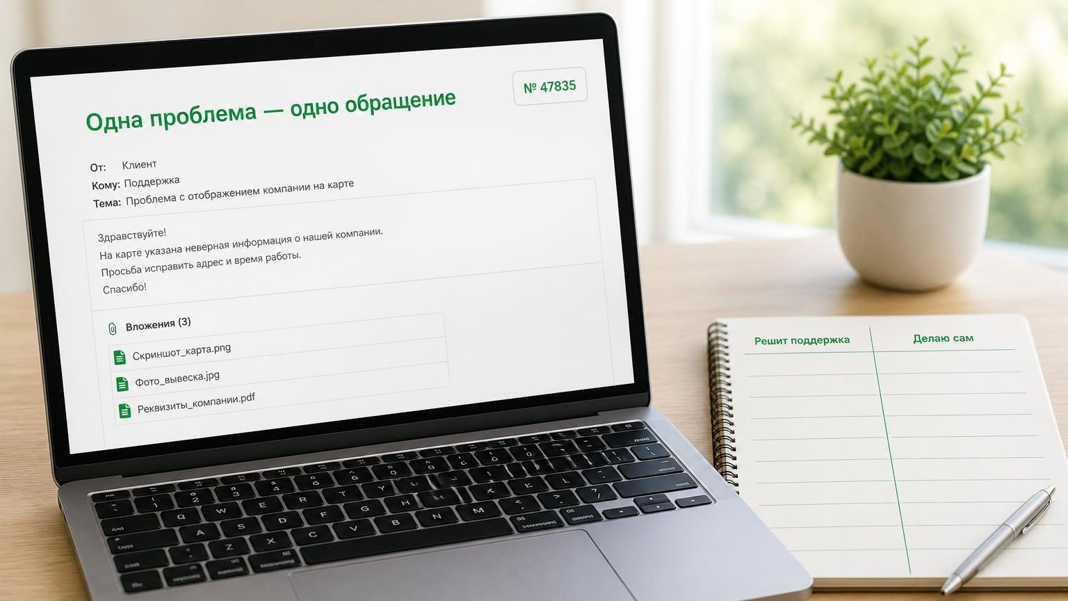 Экран ноутбука с открытым письмом в поддержку: структурированный текст, список вложений с именами файлов, в углу номер обращения. Рядом блокнот с таблицей из двух колонок. Надпи…
