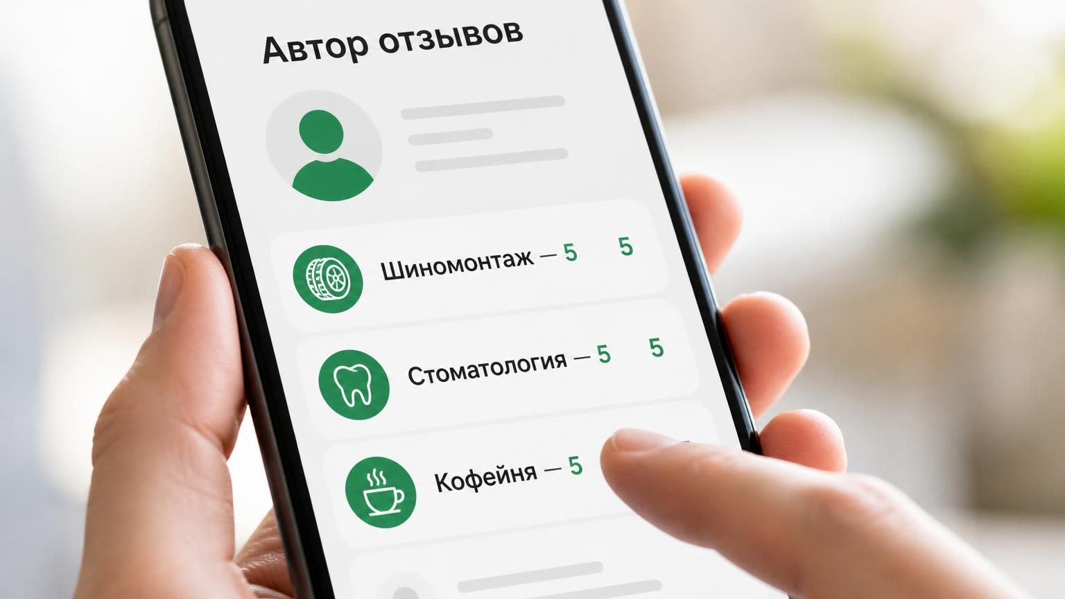 Экран смартфона в руке: открыт профиль автора отзывов, список однотипных пятёрок по разным городам. Крупный план, виден палец, листающий список. Иллюстрирует мысль, что профиль …