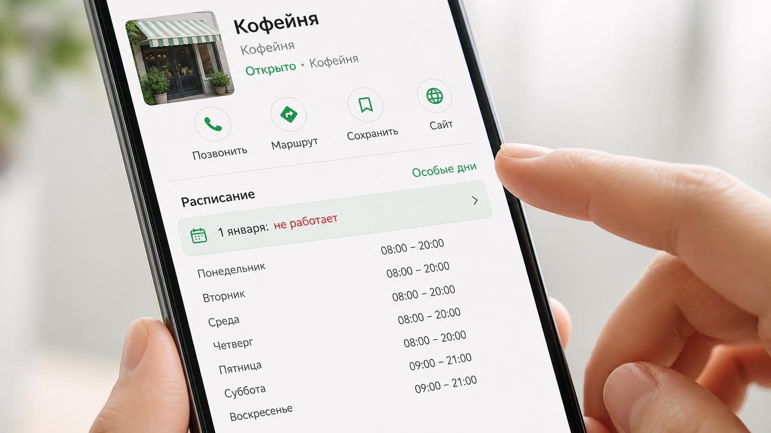 Экран телефона с карточкой компании, где в блоке расписания видна строка особого дня — «1 января: не работает». Крупный план, палец над экраном.