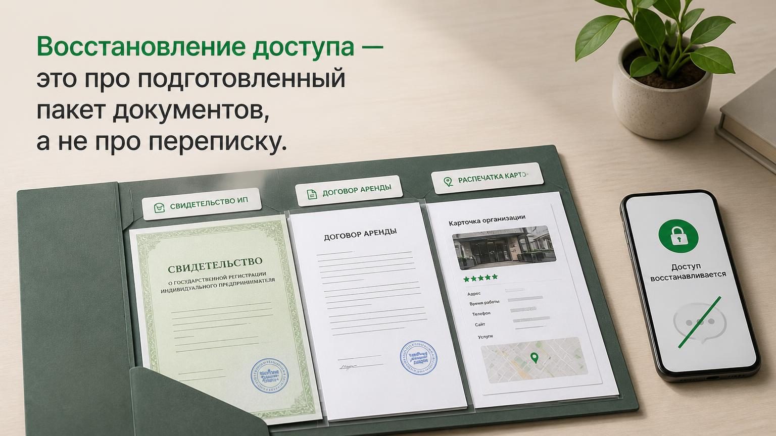 Стол, папка с документами: свидетельство ИП, договор аренды, распечатка карточки. Рядом телефон. Сверху вниз, сдержанный свет.