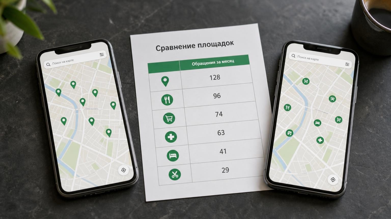 Два смартфона рядом на тёмной столешнице, на обоих открыта карта одного района с разными наборами точек. Между ними лежит распечатка с таблицей. Надписи: на распечатке заголовок…