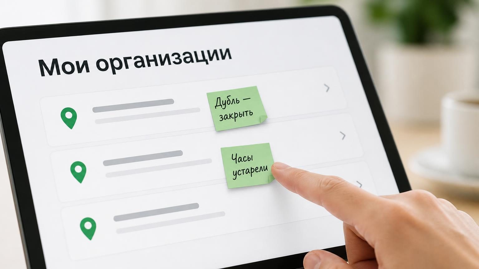 Крупный кадр: палец водит по экрану планшета со списком организаций сети, две строки помечены стикерами. Надписи: заголовок «Мои организации», подписи строк «Дубль — закрыть» и …
