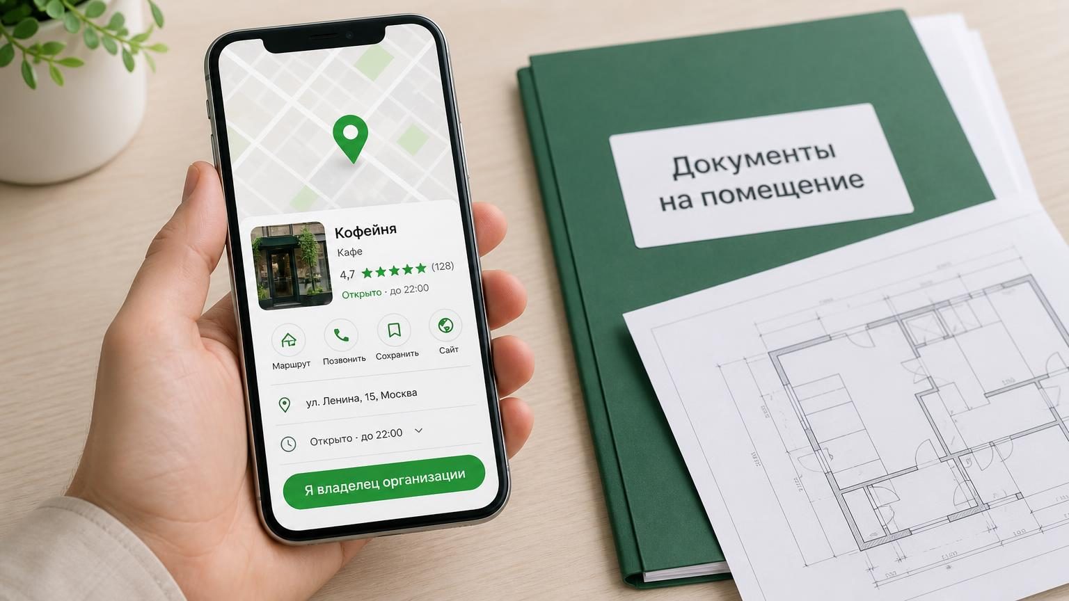 Крупный кадр: рука держит смартфон с открытой карточкой организации на карте, на экране блок с рейтингом и кнопкой. Рядом на столе — папка с договором аренды и распечатка с план…