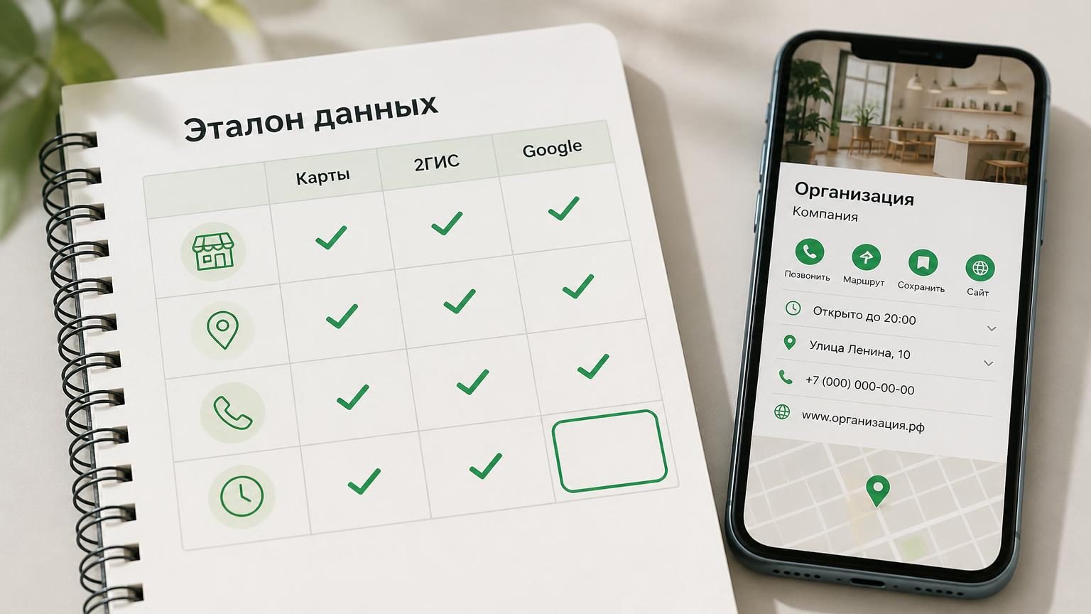 Крупный план блокнота с таблицей-эталоном: четыре строки данных компании и галочки по столбцам площадок, одна клетка пустая и обведена. Рядом телефон с открытой карточкой органи…