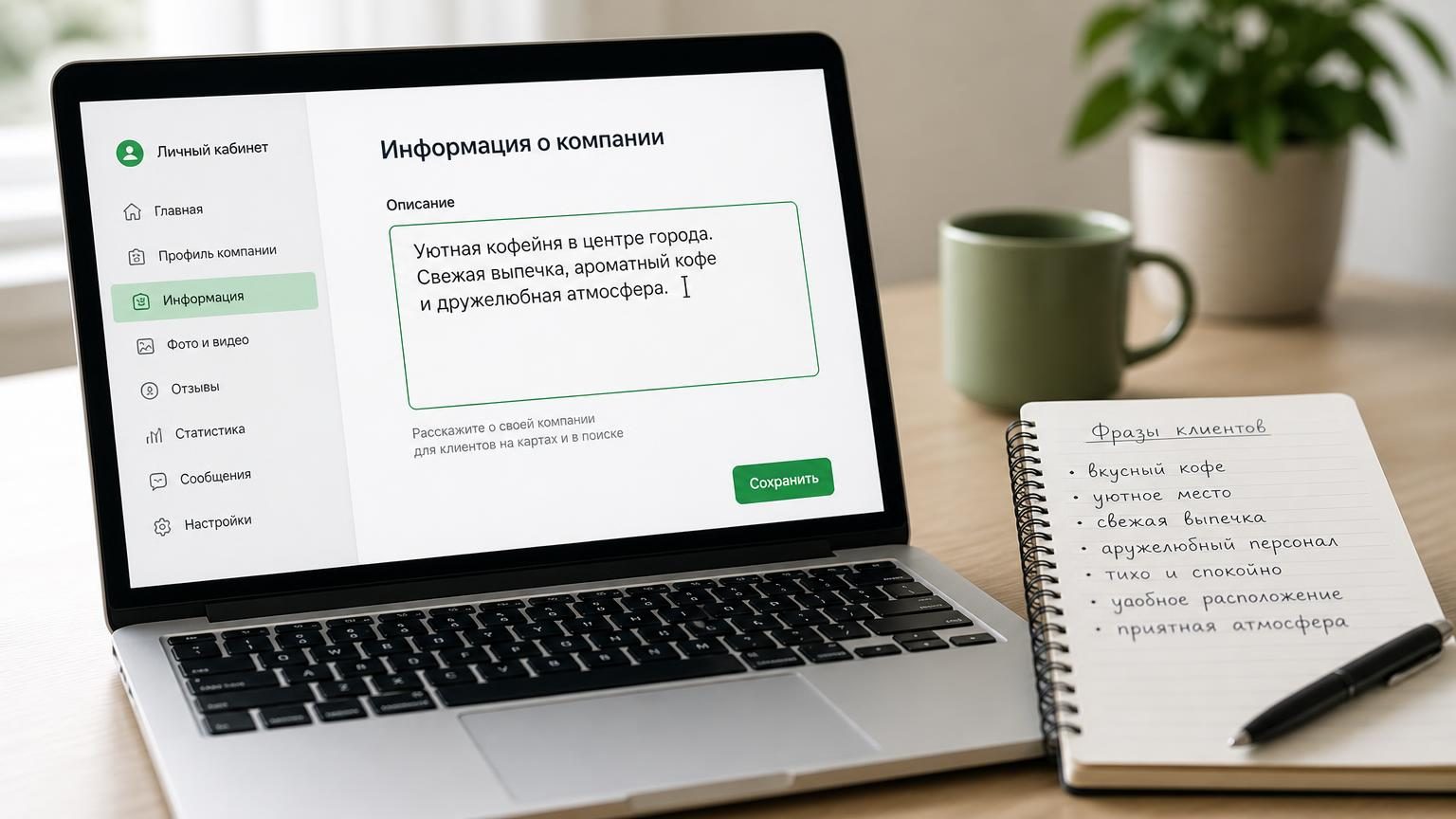 Ноутбук с открытым личным кабинетом, поле описания, курсор в тексте. Рядом блокнот с выписанными от руки формулировками клиентов.