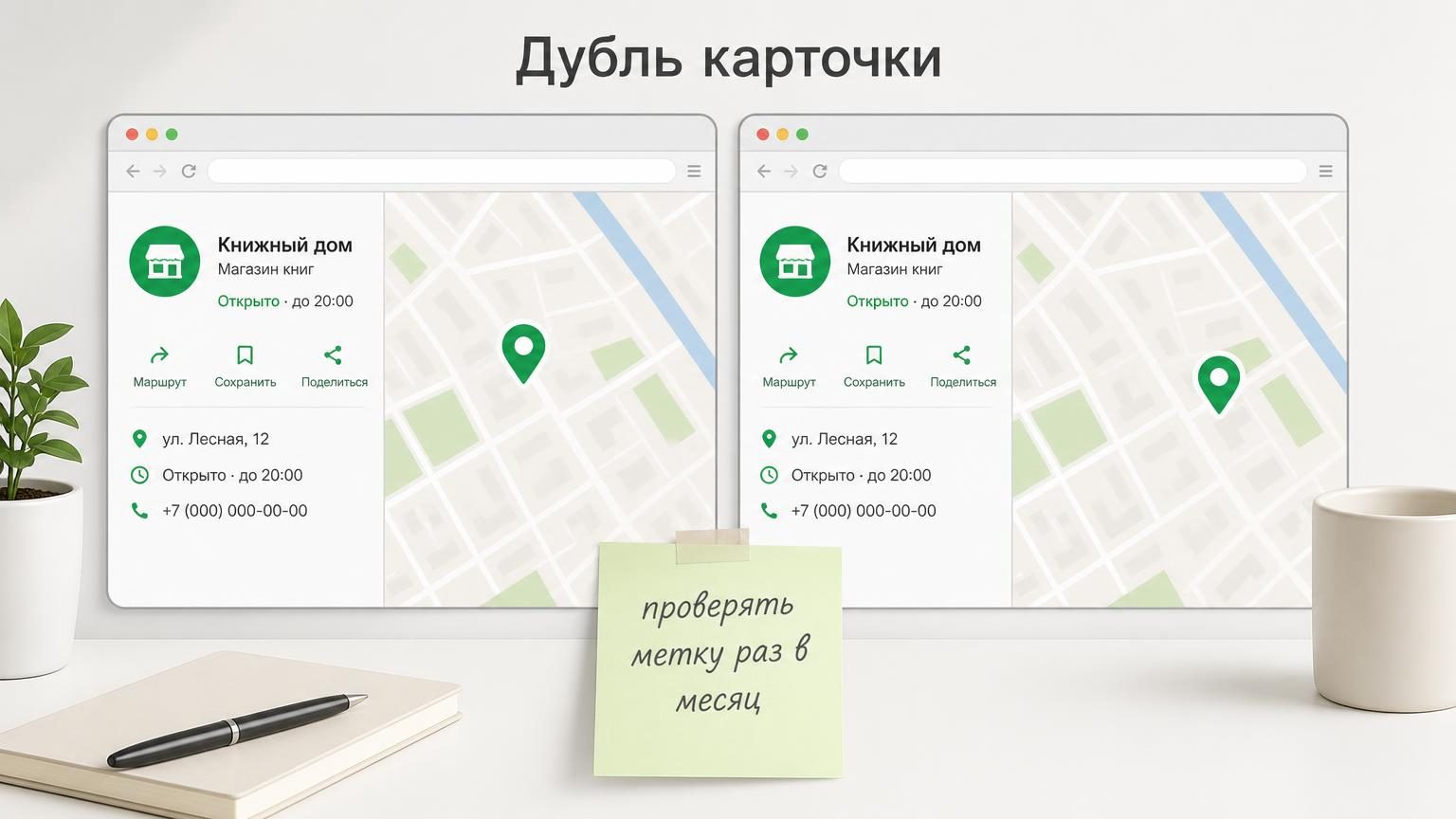 Рабочий стол: два открытых окна браузера рядом, в обоих одна и та же организация, но пины в разных местах квартала. На стикере приклеена памятка. Надписи: заголовок окна «Дубль …