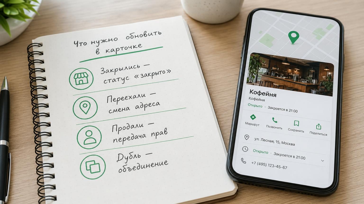 Крупный план блокнота на столе рядом с телефоном, на котором открыта карточка кофейни. В блокноте от руки колонка: «Закрылись — статус «закрыто»», «Переехали — смена адреса», «П…