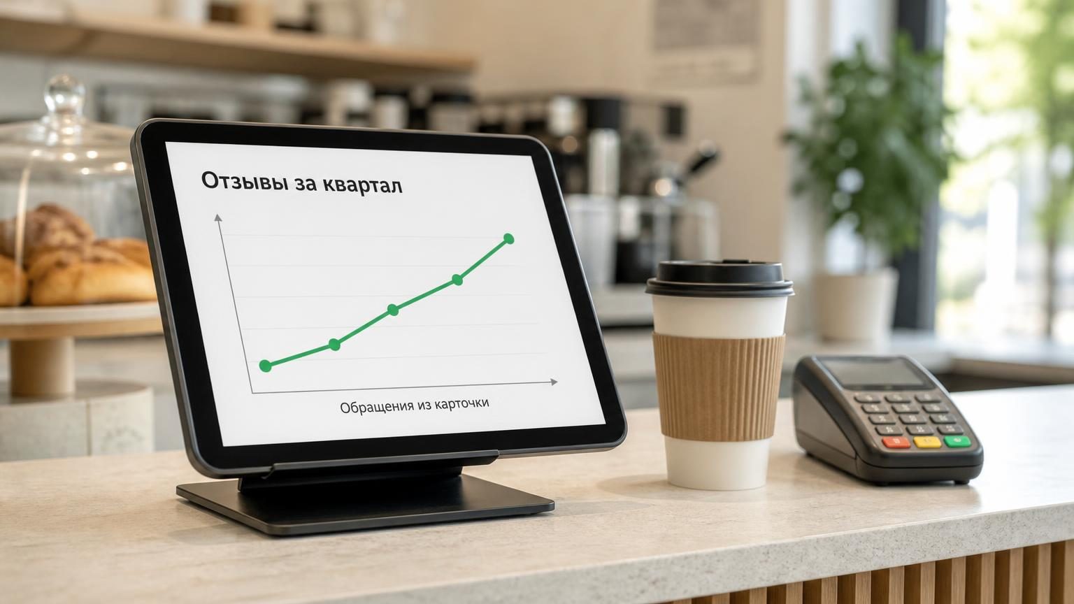 Планшет на стойке администратора кофейни, на экране простой график с растущей линией, рядом стакан и терминал. Надписи: заголовок на экране «Отзывы за квартал», подпись оси «Обр…